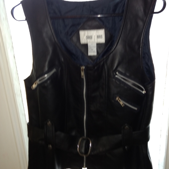Vegan mock leather women's black biker style vest waistcoat w belt large - Picture 6 of 8